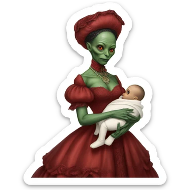  Reptilian alien woman , full body, in victorian red elegant dress , holds a newborn white humman baby sticker