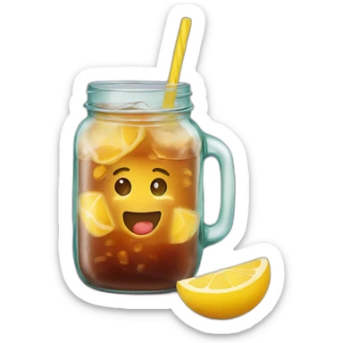 Ice tea in a mason jar, with no lid, and a staw sticker