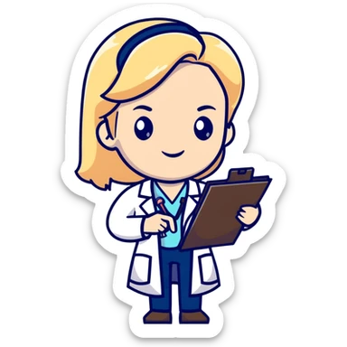blonde female doctor in white coat with clipboard sticker