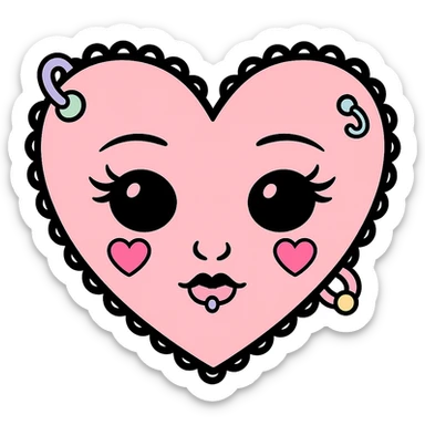 Add pastel-colored piercings to the pastel goth heart emoji, keep the style and pastel palette, with no background. sticker