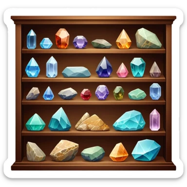 Icon for Mineral, Stone & Fossil Collecting: a display of various colorful minerals, gemstones, and fossils, arranged neatly on a table or shelf. The icon should reflect the beauty and scientific interest of collecting natural specimens. Transparent background. sticker