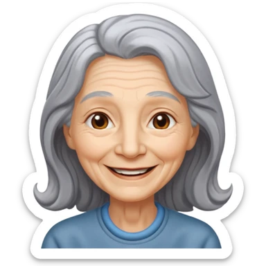 an elderly woman with long, grey hair and a smiling face sticker