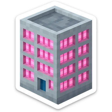 Russian panel apartment building, square block shape, light gray concrete, windows glowing pink, isometric view sticker