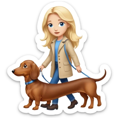 blonde girl with long hair and blue eyes walking with a dachshund sticker