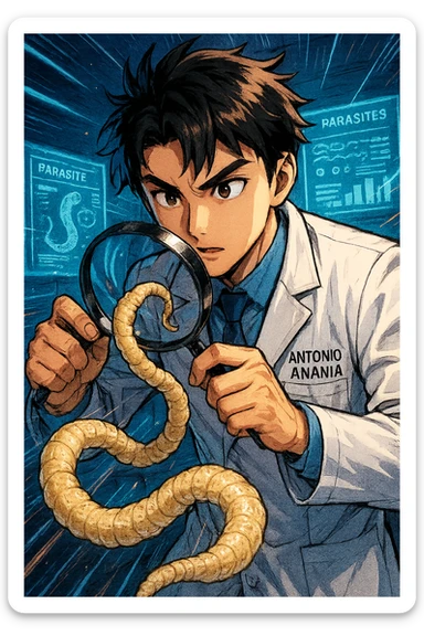 A dynamic manga/webtoon-style illustration of a young male kinesiologist wearing a clean white lab coat, analyzing light beige worms like a tapeworm under a magnifying glass. His expression is focused and slightly intrigued, with sharp, detailed eyes. The art style is vibrant, with bold linework, rich colors, and dramatic lighting. The background is a futuristic laboratory with glowing holographic screens displaying parasite data. The tapeworm is intricately drawn, slimy and segmented, with a slightly exaggerated yet realistic texture. The composition is dynamic, with motion lines or energy effects to emphasize his scientific investigation. The atmosphere is intense but not dark, keeping a balance between scientific seriousness and stylish manga aesthetics, he has "ANTONIO ANANIA" WRITTEN ON WHITE LAB COAT sticker