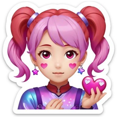 Face: Rosy terracotta skin (#E3B68E), star-pupiled eyes sparkling with 6-point white glints. Hair: Twin ponytails dyed gradient pink→purple, holographic hair charms shaped like hearts. Extra: Speech bubble exploding with "KYAAAA!" in red katakana, hands squeezing cheeks. sticker