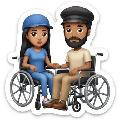 Beige skin man with a beard and cap in a wheelchair and a brown skin woman with long black hair in a wheelchair  sticker