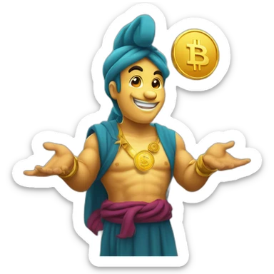 genie with a coin in his hand on the crypto coin graph arrow sticker