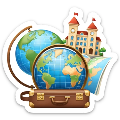 An icon featuring a suitcase, 1 globe, and a hotel building, symbolizing tourism and hospitality studies. The design includes a map and compass, representing travel research and industry analysis. Transparent background sticker