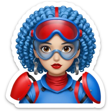blue curly haired girl with huge earrings, wearing red paintball helmet and eye protection, only face  sticker