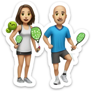 4 Caucasian people playing pickleball with 1 tall bald male, 1 shorter brown hair male, 1 girl with long brown hair, 1 girl  with brown hair sticker