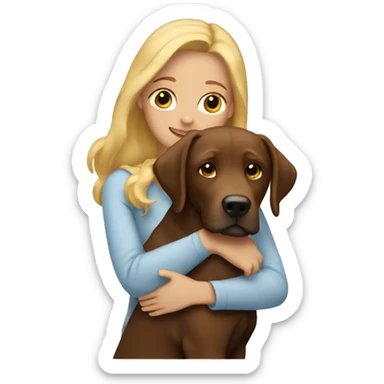 Girl with blonde hair hugging brown lab sticker