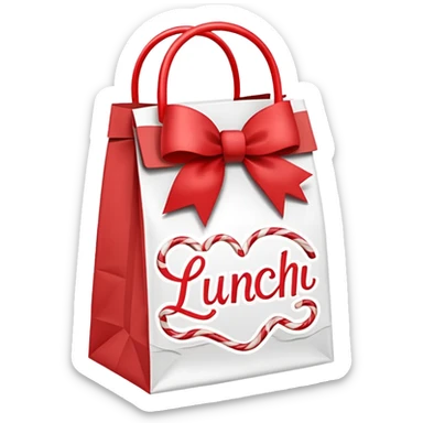 christmas paper lunch bag with the word lunch on it and a bow and candycanes sticker