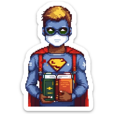 student with superhero mask and books sticker