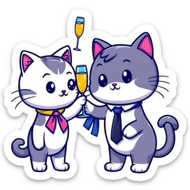 happy girl cat with eyelashes wearing a colorful necktie and happy boy cat wearing a professional necktie clinking champagne glasses together in celebration, both with cheerful expressions sticker