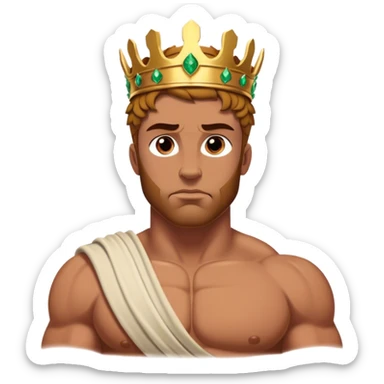 Cinematic Realistic Hercules Portrait, depicted with lifelike, sun-kissed skin and a robust, muscular physique that radiates both power and gentle nobility. His intense, kind eyes and regal expression are complemented by classical Greek attire and a laurel crown, rendered under dynamic lighting that highlights every chiseled detail. sticker