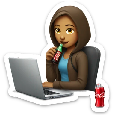 tired girl with laptop drinking coca-cola sticker