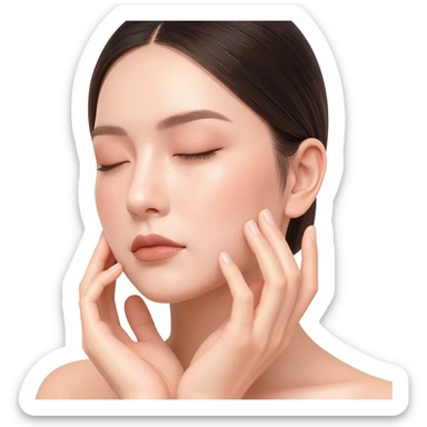 Close-up beauty portrait of a young woman with dewy, glowing skin, eyes closed, gently touching her cheeks with both hands. Her skin looks hydrated and luminous with a natural glossy finish. Soft neutral makeup, groomed brows, nude lips. Hair pulled back neatly. sticker