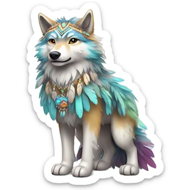 Fluffy Shy Colorful Spiritual Shamanic Wolf With Shiny Tribal Markings wearing feathers Full Body sticker