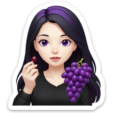 girl with long black hair, black clother with eating disorder purple food sticker