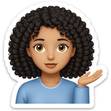 Uma menina de cabelo cacheados preto morena com os olhos puxados olhos castanhos dando bom dia sticker