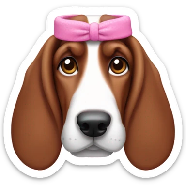 Brown Basset hound dog wearing a bubbly, pink headband sticker