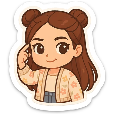 Create a chibi sticker of the girl from the reference image. She has brown straight hair styled in double buns, brown eyes, wearing a pastel floral cardigan and jeans. She is twirling her finger at her temple as if saying 'what a fool'. The sticker should have a white outline and a transparent background, sized 512x512px. sticker