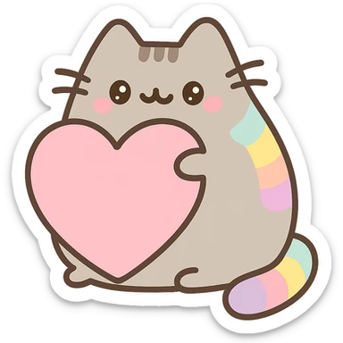 Pusheen hugging a big heart, pastel rainbow colors, ultra cute, kawaii style sticker