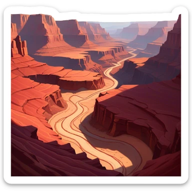 Cinematic Realistic Canyon Emoji, Vast and rugged, with deep red rock formations and winding paths leading down to a dry, dusty floor. Sunlight casts long shadows across the craggy surfaces, highlighting the layers of ancient rock. Soft glowing outline, capturing the essence of dramatic beauty and ancient history in a mighty canyon. sticker
