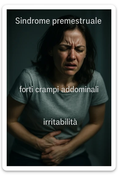 realistic and cinematic image of a woman with evident symptoms of premenstrual syndrome, severe abdominal cramps and irritability, suffering expression, clinical dramatic lighting, Italian captions, 2:3 format vertical sticker