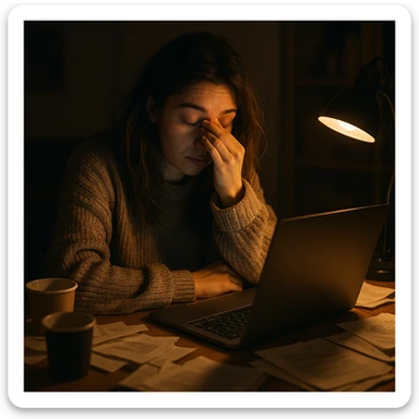tired blogger with a laptop, rubbing eyes, oversized sweater, cluttered desk, late night vibe, warm lighting sticker