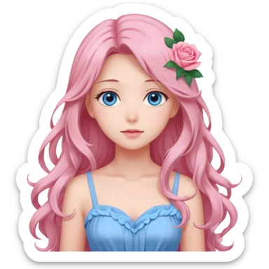 Gorgeous pastel anime lady with roses in long hair and pink dress with blue eyes sticker