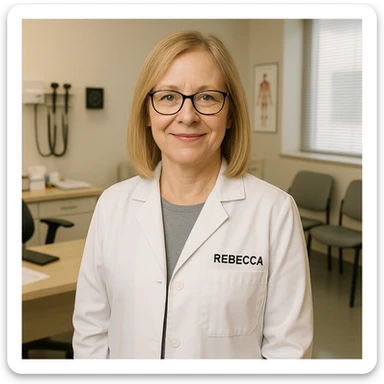 Make Rebecca's hair thinner, blonder, and shoulder length. She should appear slightly older and be smiling, keep her as a doctor in a professional setting, realistic style. sticker
