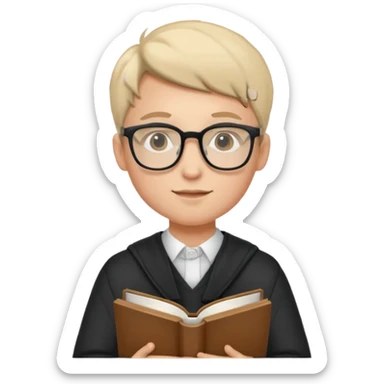 A student wearing glasses, hold book in front of their chest sticker