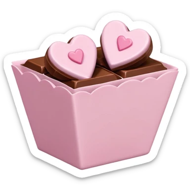 Two square milk chocolate , Each praline is a sharp-edged cube with smooth glossy chocolate coating, placed in a small white fluted paper candy cup. On top of each cube is a flat pastel pink heart-shaped icing sticker