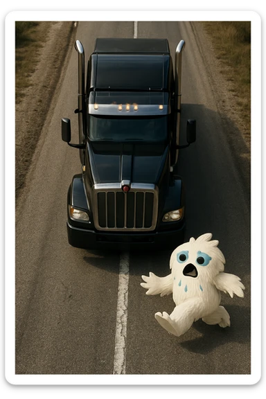 Make the scene more realistic: a small furry abominable snowman on a long road in front of a black Kenworth W680 flat top semi truck, top-down view, realistic details, no text. sticker