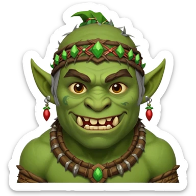 Christmas fantasy orc icon, winter feast chief theme, tribal ornaments, joyful brutal expression, festive winter atmosphere, stylized emoji portrait, male/female variant
 sticker