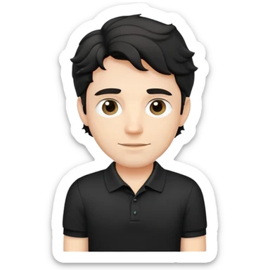 Caucasian male with wavy black hair in a comfortable black polo shirt with collar sticker