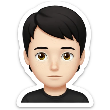 A boy with dark black hair and hazel green and brown eyes and white skin , with freckles and black t shirt  sticker