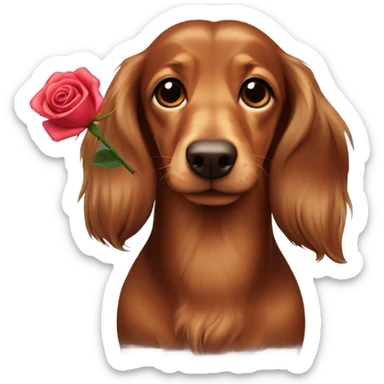 Brown long-haired dachshunds witch a rose sticker