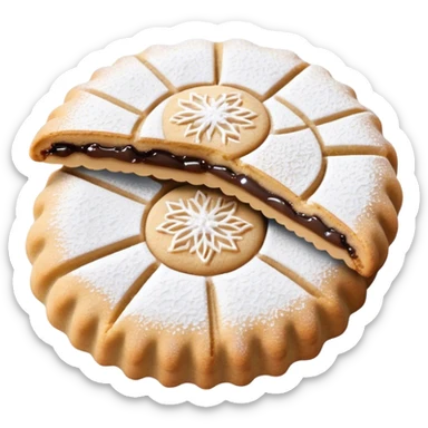 Ma'amoul Cinematic Realistic Ma'amoul Dessert Emoji, depicted as one or two delicate, date-filled cookies lightly dusted with powdered sugar, rendered with intricate textures and warm, inviting lighting. sticker