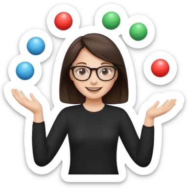 a brunette girl in a black shirt wearing glasses is  juggling  with two hands and smiling  sticker