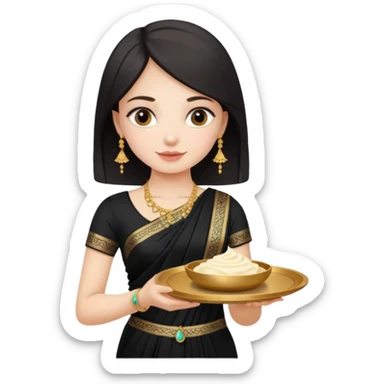 Russian girl in Indian black saree with full image from head to leg and holding a cream colour small tray in her both hands sticker