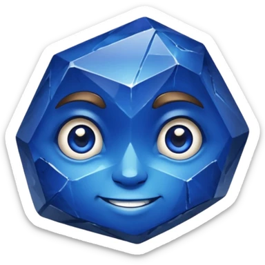 A single sapphire-blue faceted rock head, chunky and worn, with very visible big cracks and chipped facets but still shiny, big kind eyes and a confident smile sticker