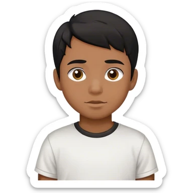 boy, black hair, wearing a school T-shirt sticker