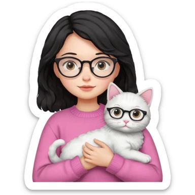 a girl with a black wavey hair, wearing a pink sweater and glasses, holding a cute white cat, only upper body sticker