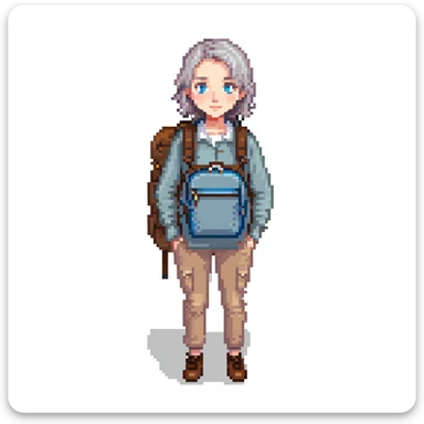 white woman park ranger with blue eyes, brown and gray hair, wearing a backpack, standing in a nature background sticker