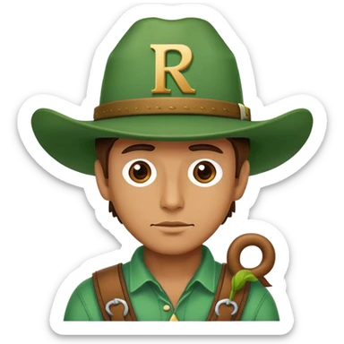 Cowboy wearing a green hat with letter R sticker