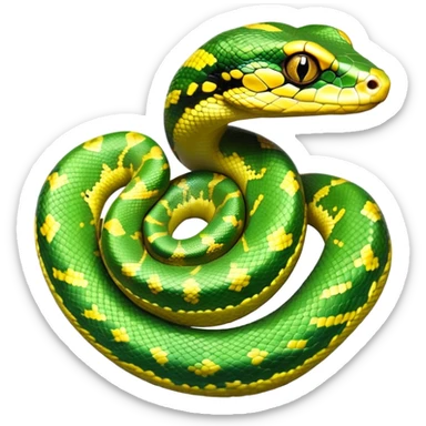 cinematic-green tree python-realistic-full-body-coiled-emoji,-thick-scaled-body-looped-tightly,-intricate-yellow and white-patterned-scales-reflecting-light,-head-tilted-dramatically,-cute-eyes-staring-calmly,-simplified-yet-realistic-focused-feature sticker