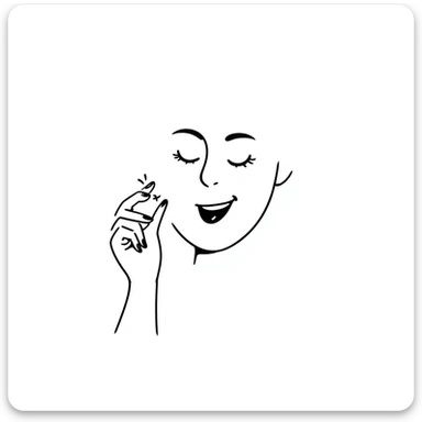 A hand-drawn face with closed smiling eyes with eyelashes, pursed lips wearing lipstick, and a hand with painted nails where only the thumb is out sticker